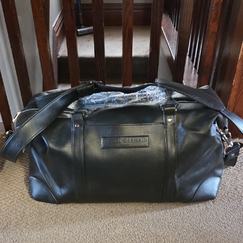 Michel Germain Black Faux Leather Weekender Duffel Bag